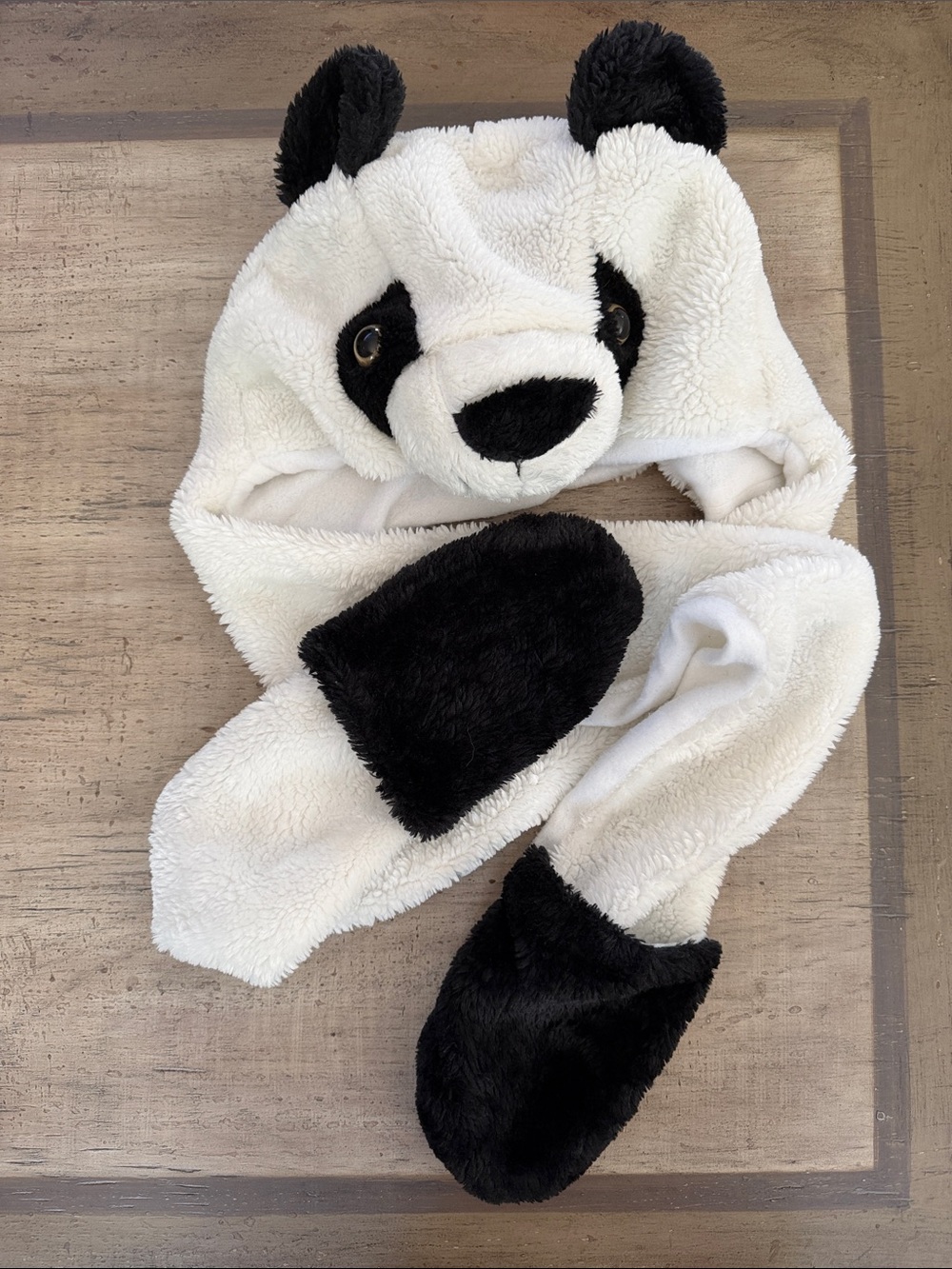 Plush Panda Hooded Scarf with Mitts - Black & White